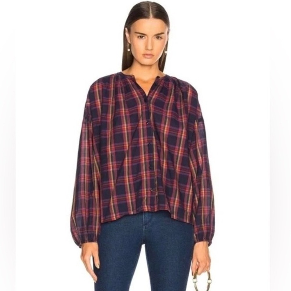 THE GREAT. 0 Melody Candy Plaid Button‎ Down Top Purple Red Cotton XS Oversized